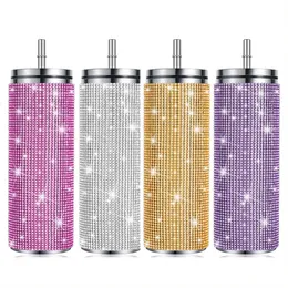 570ml Bling Diamond Tumbler Drinkwar Garrafas com palha térmica garrafa de aço inoxidável copo isolado presentes de festa para meninas 240104