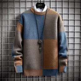 半分の襟の色ブロック暖かいセーター品質の男性春秋スリムレジャー韓国長袖ルーズニットプルオーバー240104