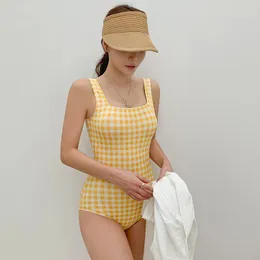 Korean Swimsuit Women Plaid Swimwear Sexy Backless Monokini Push Up Swim Suit Japanese Style Bathing Suit Pads Beach 240104