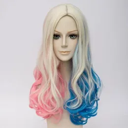 Peruker Självmordsgruppen Harley Quinn Wig Curly Blonde Pink Blue Mixed Hair Cosplay Wigs100% helt ny högkvalitativ modebild full la