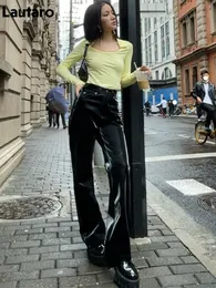 Lautaro Spring Autumn Long Black Reflective Shiny Patent Leather Straight Pants Women High Waist Y2K Streetwear Clothes 240104