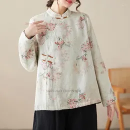 Abbigliamento etnico 2024 Cappotto Qipao in lino di cotone con stampa floreale nazionale Cappotto cinese vintage foderato in pile Tang Suit Orientale Addensare caldo