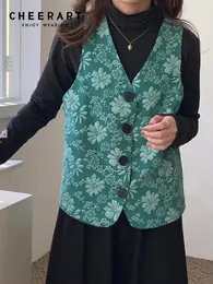 Västar cheerart vintage jacquard blommig grön v hals väst kvinnor ärmlös kappjacka knapp upp koreansk mode waistcoat vår 2022