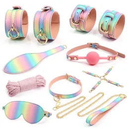 Luxuriöses Regenbogenfarben-BDSM-Bondage-Set, Fesseln-Set, Handschellen, Augenbinde, Mund, Ballknebel, Hogtie-Bondage-Seil, erotische Sexprodukte 240105