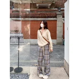 Warm plaid women's Canadian designer lulu winter new plush thick high waisted straight leg loose and versatile casual luxury pants