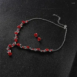 Stud Earrings Fashion Rhinestone Rose Flower Jewelry Set For Women Fritillaria Plum Necklace Elegant Party Charm Gifts