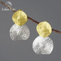 Lotus Fun Minimalizm okrągły vintage podwójne liście lotosu Kolczyki dla kobiet prawdziwe 925 Srebrne Oświadczenie Fine Jewelry 240104