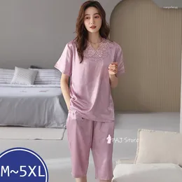 Kobietowa odzież snu 5xl Satin Satin Sailor Woman Pajamas Zestaw Zestaw Ogólny Dwuczęściowe ubrania w domu z krótkim rękawem Nocna odzież Pajama bielizna pijama