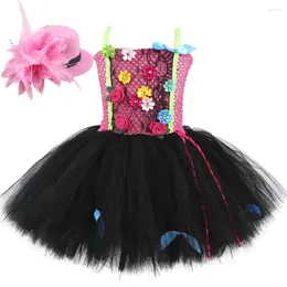 Girl Dresses Pink Black Flowers Tutu Dress For Girls Birthday Halloween Costumes Outfit Kids Fancy Princess With Hat Hairpin