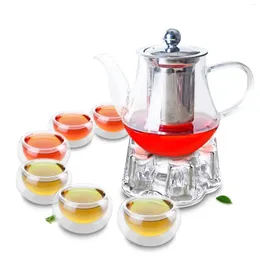 Teaware Sets Glass Coffee Teapot W/ Stainless Steel Filter & 6PC Small Cups Warmer Set