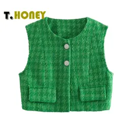 Vesten TELLHONEY Mode Groene Textuur Tweed Vest voor Vrouwen Elegant Vest Mouwloos Jasje Met Zakken Vrouwelijke Vintage Crop Tops