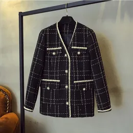 Zawfl designer de luxo marca lã mistura casaco para mulheres moda preto vintage com decote em v xadrez cintura larga tweed casaco S-XXL 231229