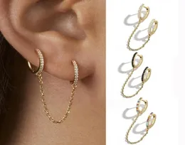 Boucles d'oreilles Punk à deux trous pour femmes, Piercing rond, cristal brillant, chaîne en Zircon, cadeau d'anniversaire, Huggie6432670