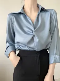 Magliette da donna Camicia in raso di acetato di alta qualità Bluze per camicetta da donna Estate 2024