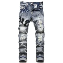 Street for Men Streetwear Motorcykelpunkbyxor Rippade blyerts passar Hight Hip Jeans Hole Clothing Denim Slim Hop 240104