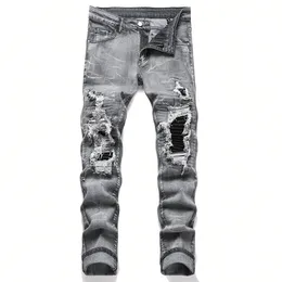 Mens Stretchy Denim Jeans Streetwear Rasgando Patchwork Buracos Rasgado Cintura Elástica Calças Casuais Slim Fit Calças Retas 240104