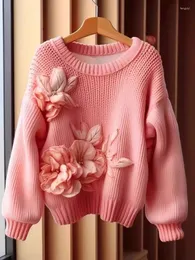 女性用セーター2024花かぎ針編みの3次元ピンクのセーター女性プルオーバートップジャンパールーズ長袖312923