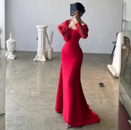 Elegant Long Red Evening Dresses Off the Shoulder Spandex Full Sleeves with Handmade Flowers Mermaid Sweep Train Custom Made Party Gowns for Women