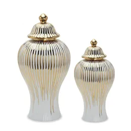 Jarra de gengibre cerâmica listras douradas decorativa geral vaso vaso tanque armazenamento porcelana com tampa artesanato decoração para casa 240105