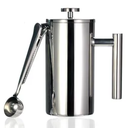 French Press Coffee Maker Double Wall 304 rostfritt stål håller bryggt eller te 3 storlek med tätningsklipspoon 240104