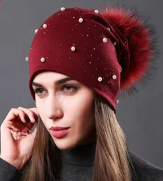 Women039s Cappello Moda Autunno Inverno Strass Cappelli di perle Berretti femminili Pelliccia di procione naturale Pompon Berretti caldi in cotone4728266