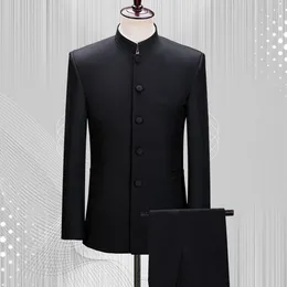 Men's Suits Stand Collar 2 Pieces Slim Fit Single Breasted Covered Button Groomsmen Wedding Customized(Blazer Pants)