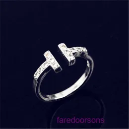 2024 new Designer Tifannissm ring Stainless steel Korean Edition New Ring Exquisite and Simple Set with Zircon T shaped Silver Ornament Open V Have Original Box