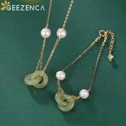 Necklaces GEEZENCA Double Circle Green Jade Jasper Pearl 14K Gold Filled Bracelet Necklace For Women Vintage Chinese Style Jewelry Sets