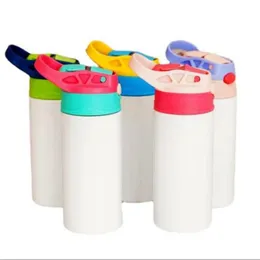 Stock Sublimation Mugs Blanks Kids Tumbler Baby Bottle Sippy Cups 12 OZ White Water Bottle with Straw and Portable Lid 5 Color Lids Pri Qwau