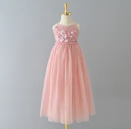Kids stereo flowers suspender dresses girls pink lace tulle long dress Ball Gown children lace-up Bows backless princess clothes Z6508