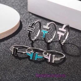 Tifannissm Designer-Ringe für Damen im Online-Shop und koreanischer offener Ring aus S925-Sterlingsilber mit Tropfenkleber, eingelegtem Diamant, Doppel-T-Buchstabe, Originalverpackung