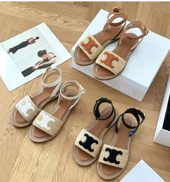 Lympia-Slides, Raffia-Sandalen, flach, Triomphe, verziert, Knöchelriemen, offene Zehen, Luxus-Designer-Sandale für Damen, Ferienwohnungen, Gladiator