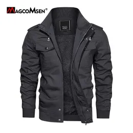 MAGCOMSEN Men's Fleece Jackets Windbreaker Coats Fall Winter Thermal Bomber Jackets Multi-pockets Stand Collar Motorcycle Jacket 240105