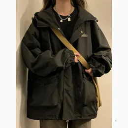 Deeptown Übergroße Bomberjacke mit Kapuze, Vintage, lockere Damen-Windbreaker-Jacken, Harajuku, Streetwear für Mädchen, adrettes koreanisches Design, 240104