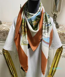 Nuovo stile donna039s sciarpa quadrata sciarpe di buona qualità 100 twill di seta materiale colore arancione pinta lettere fiori modello dimensione 14964015