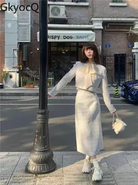 정장 gkyocq 3 조각 세트 여자 외곽의 한국 새로운 패션 코트 하이 허리 슬림 한 중간 길이 치마 여자 옷 가을 스커트 세트