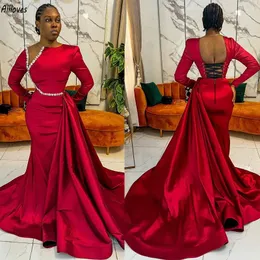 Afrian Girls Red Satin aftonklänningar med peplum -paljetter med pärlor med långa ärmar Kvinnor formella tillfälle promklänningar sexiga lår split sjöjungfru vestidos de fiesta cl3161