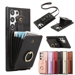 Capa de telefone com suporte de anel crossbody para iPhone 15 Plus 14 13 12 11 Pro Max Samsung Galaxy S24 Ultra RFID bloqueando vários slots de cartão Carteira de couro Kickstand capa traseira