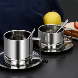 Set di tazze da caffè con piatto a cucchiaio in acciaio inossidabile 304 stile minimalista extra spesso doppio strato isolato cucina per la casa CafeUtensil 240104