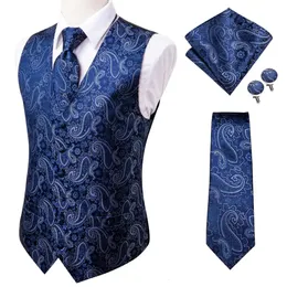 Hi-Tie 20 Color Silk Men's Vests Tie Business Formal Dress Slim Sleeveless Jacket 4pc Hanky ​​Cufflink Blue Paisley Suit Waistcoat 240104