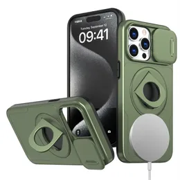Armor Ring Holder Stand Magnetic Phone Fall för iPhone 15 Pro Max 14 13 12 11 Slide Camera Lens Protect For Magsafe Wireless Charging Cover Stuffsäker hårt skal