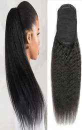 Kinky em linha reta cabelo humano rabo de cavalo brasileiro extensões de cabelo com clipes em barato grosso yaki rabo de cavalo cordão f7182686