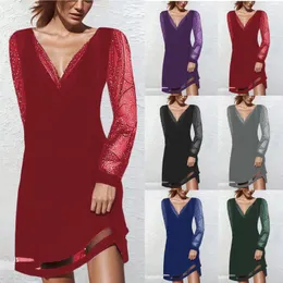 Freizeitkleider Damenmode Kleid Solide Spitze Splice Langarm Einfarbig Rüschen Lose V-Ausschnitt Pullover Mini Knopf Öse