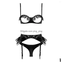 Bras Sets Msemis Women Wet Look Patent Leather Intimates Lace Lingerie Set Open Cups Bra Top With Garter Belt Crotchless Briefs Drop Dhty6