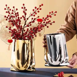 Ceramic Flower Vase Large Capacity Gold Silver Centerpiece Vases for Party Home Bedroom Dining Table Decor 240105