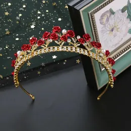 Hårklipp fancy legering röd strass brud skönhet tiaras blomma kronprinsessan rose för flickor