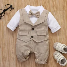 Nascido formal aniversário vestido menino colete macacão infantil xadrez roupa roupas 2 peças conjunto criança criança algodão festa terno 3-24 m 240104