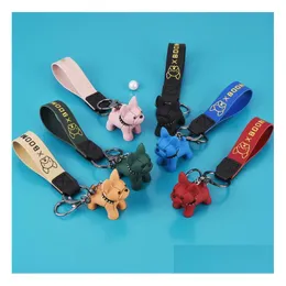 Keychains & Lanyards 6 Colors Fashion Leather Cord Keychain Cute French Bldog Animal Dog Keyring Holder Bag Charm Trinket Accessories Dhusp