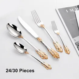 24/30 sztuce Acier Inoksydable Stale Cutlery Zestaw Luksusowe złote sztućce Pratos de Jantar Conjunto Fork Table Garfo 240105