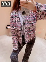 Brand Designer Women Autumn Tweed Jacket Office Ladies Colorful Handmade Weave Twill Coat V Neck Fashion Party Outerwear 240104